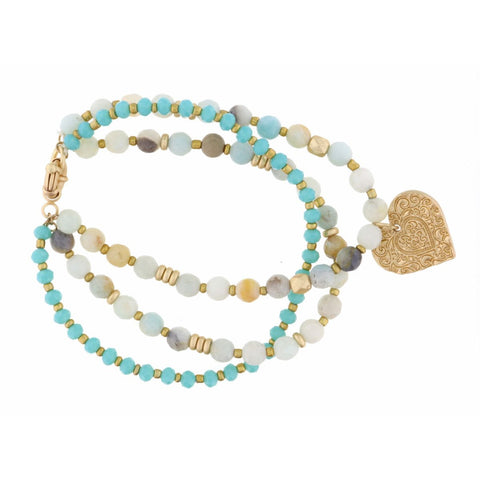 Jane Marie SET OF 3, TEAL & AMAZONITE BEADS WITH GOLD TEXTURED HEART BRACELET
