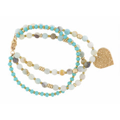 Jane Marie SET OF 3, TEAL & AMAZONITE BEADS WITH GOLD TEXTURED HEART BRACELET