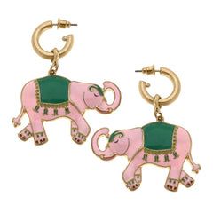Livy Enamel Elephant Earrings in Pink & Green