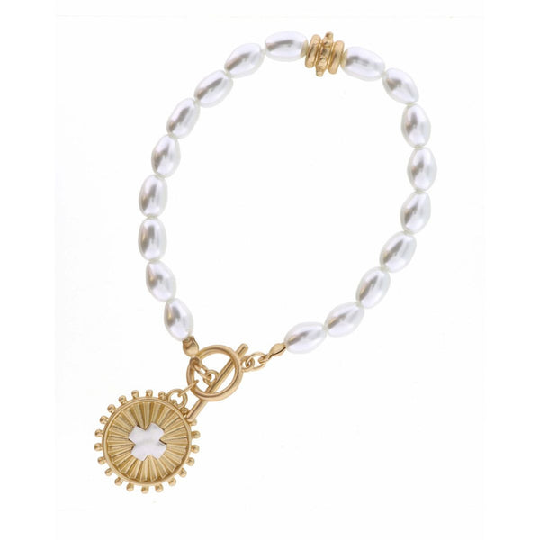 Jane Marie TEXTURED GOLD CIRCLE WITH SILVER CROSS ON PEARL BRACELET