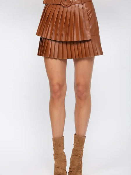 Carter Pleated Faux Leather Belted Skirt