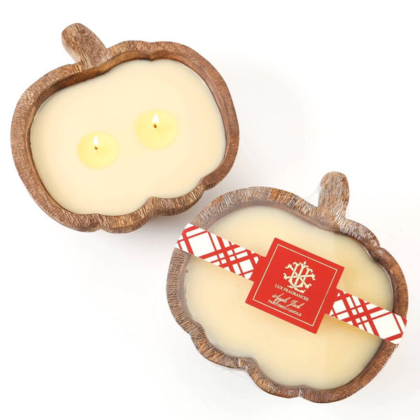 Apple Jack 2 Wick Candle in a Wooden Pumpkin Bowl