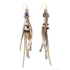 Jane Marie Gold Dipped Feather, Beaded & Leather Tassel Earrings