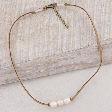 Three Pearl Suede Necklace