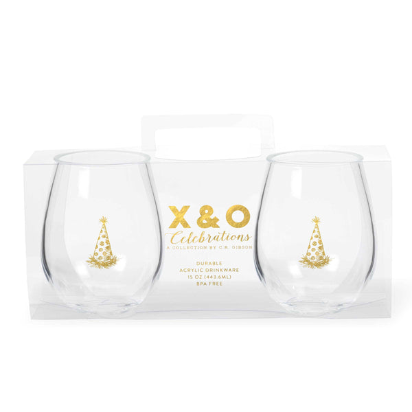 Gold Party Hat Double Stemless Glasses
