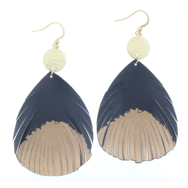 Jane Marie Black and Gold Leather Feather Earrings