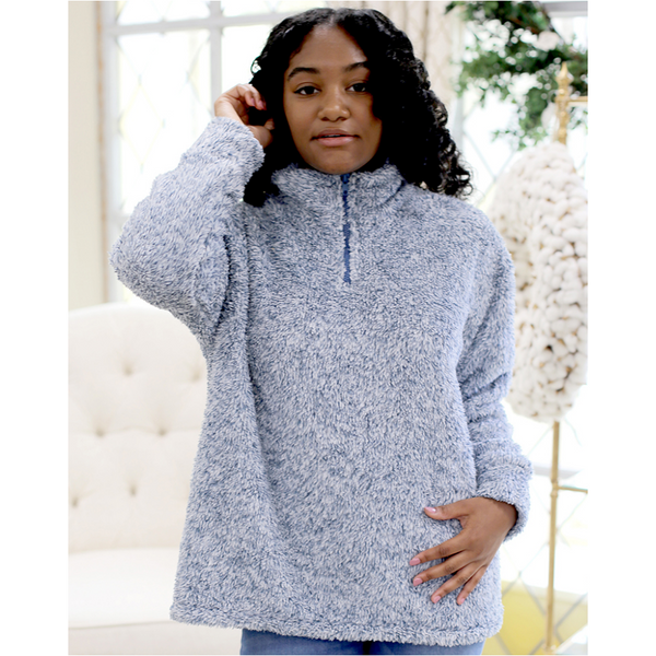 Fairbanks Quarter Zip Sherpa Pullover in Blue A Little Bird Boutique